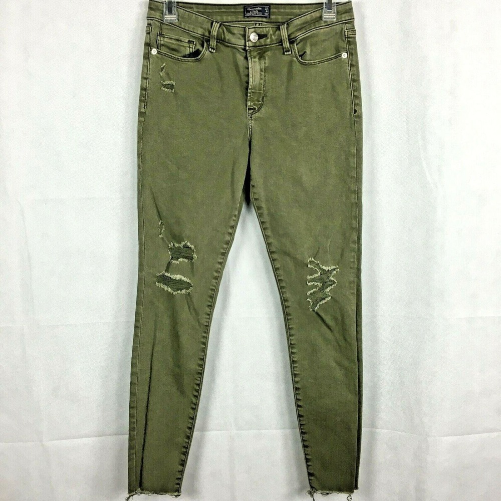 Abercrombie &‎ Fitch Jeans Women Sz 4 Olive Green Distressed Harper Super Skinny